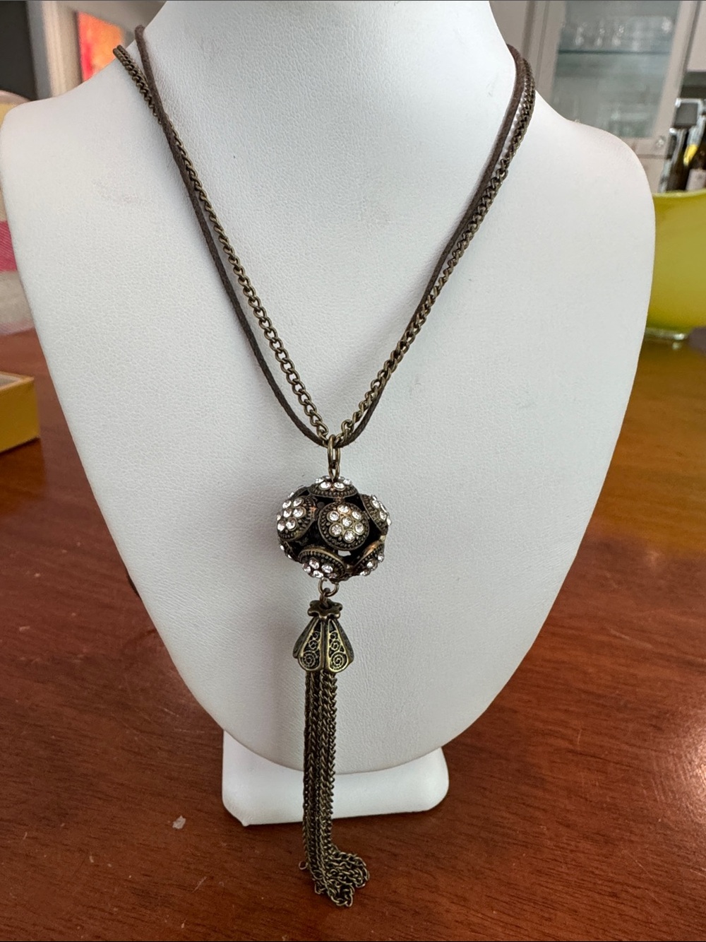 Vintage-Inspired Bronze Tassel Pendant Necklace with Crystal Accents - Bronze